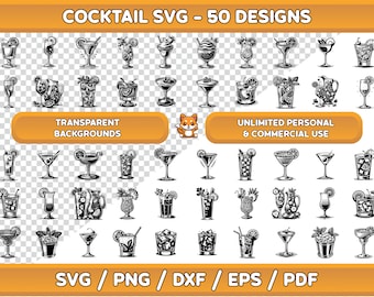 Cocktail SVG Bundle, Drinks Clipart (50 Designs) (Digital Download)