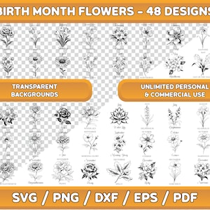 Birth Month Flower SVG Bundle: Floral Clipart (Digital Download)