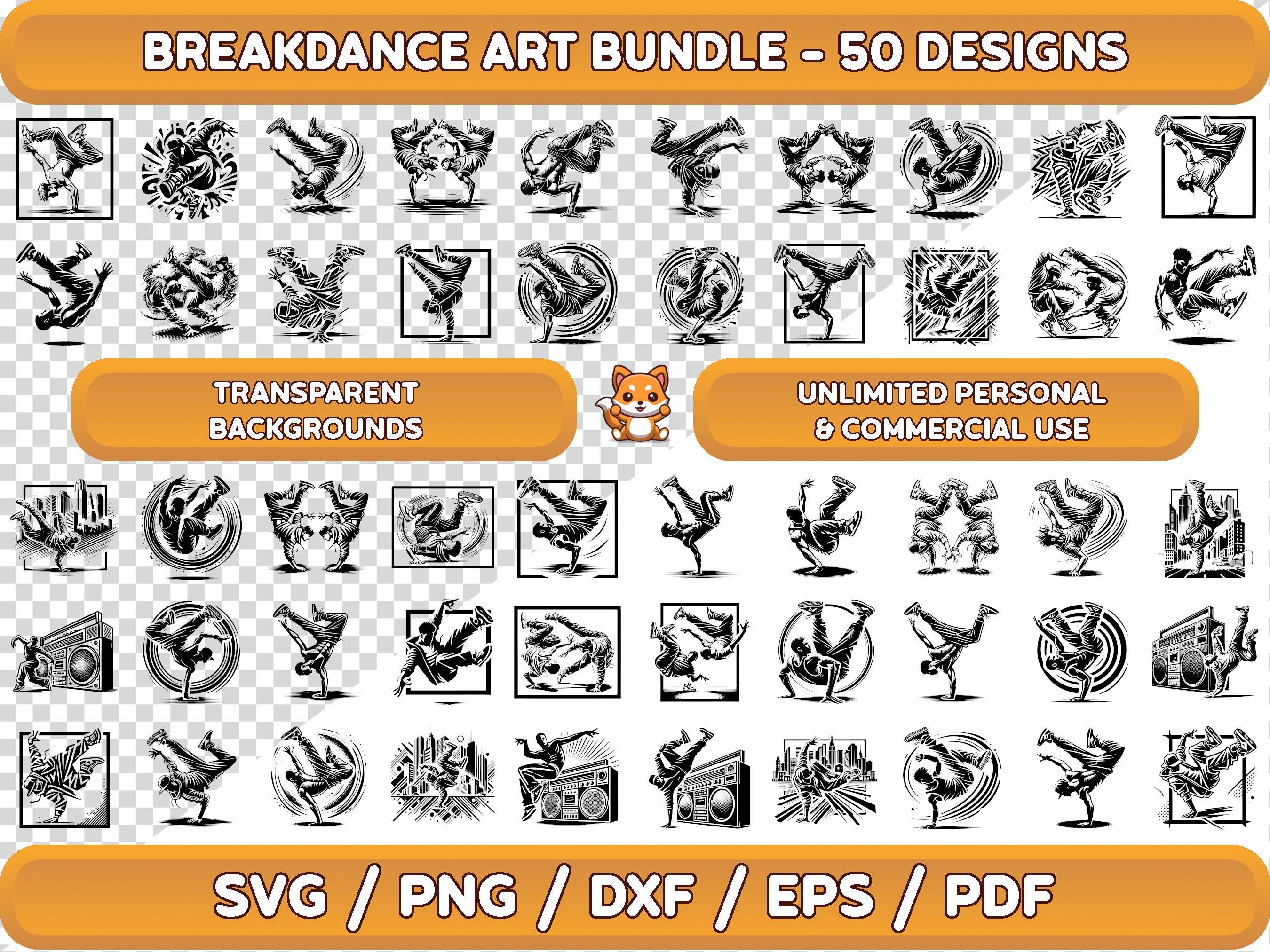 Breakdance Art Bundle: 50 Urban Dance Designs (SVG, PNG, PDF)