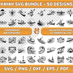 Pode incluir: Um conjunto de 50 designs SVG em preto e branco com várias ilustrações de caiaques. Os designs incluem caiaques com pessoas remando, caiaques na água e caiaques com diferentes fundos. O texto "KAYAK SVG BUNDLE - 50 DESIGNS" está na parte superior da imagem. O texto "TRANSPARENT BACKGROUNDS" está em uma caixa amarela na parte superior da imagem. O texto "UNLIMITED PERSONAL & COMMERCIAL USE" está em uma caixa amarela na parte superior da imagem. O texto "SVG/PNG/DXF/EPS/PDF" está na parte inferior da imagem.