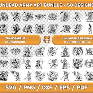 May include: A digital art bundle of 50 black and white illustrations of undead creatures. The illustrations are on a transparent background and can be used for personal and commercial projects. The file formats included are SVG, PNG, DXF, EPS, and PDF.