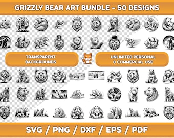 Grizzly Bear SVG Bundle: 50 Wildlife Designs (Digital Download)