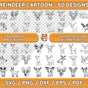 Pacchetto SVG di renne di cartone animato, renne in formato SVG, png di renne, clipart di renne, ornamenti di Natale in formato SVG, decorazioni di Natale in formato SVG, renne carine in formato SVG