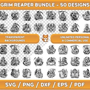May include: A set of 50 Grim Reaper designs in black and white. The designs are in a circle with a transparent background. The designs include the Grim Reaper holding a scythe, an hourglass, a book, and a skull. The text "Grim Reaper Bundle - 50 Designs" is at the top of the image. The text "Transparent Backgrounds" is in the middle of the image. The text "Unlimited Personal & Commercial Use" is at the bottom of the image. The text "SVG/PNG/DXF/EPS/PDF" is at the bottom of the image.