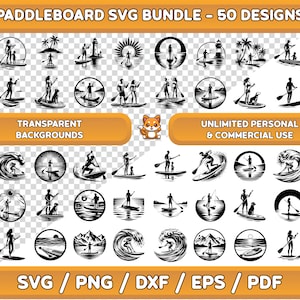 May include: A set of 50 black and white paddleboard SVG designs. The designs feature various paddleboarders, waves, and other beach-themed elements. The text "PADDLEBOARD SVG BUNDLE - 50 DESIGNS" is at the top of the image. The text "TRANSPARENT BACKGROUNDS" is in a yellow box at the bottom of the image. The text "UNLIMITED PERSONAL & COMMERCIAL USE" is in a yellow box at the bottom of the image. The text "SVG/PNG/DXF/EPS/PDF" is at the bottom of the image.