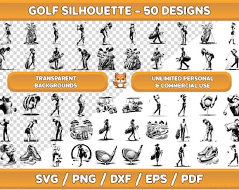 May include: A set of 50 black and white golf silhouette designs. The designs include golfers, golf carts, golf balls, and other golf-related imagery. The text "GOLF SILHOUETTE - 50 DESIGNS", "TRANSPARENT BACKGROUNDS", "UNLIMITED PERSONAL & COMMERCIAL USE", and "SVG/PNG/DXF/EPS/PDF" is included in the image.