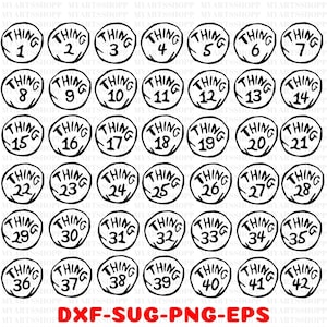 May include: A set of 42 black and white circular images with the word "THING" and a number from 1 to 42.