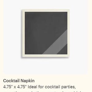 May include: Square cocktail napkin with a dark gray center and a diagonal light gray stripe, framed by a white border. The napkin measures 4.75 x 4.75 inches. Suitable for serving drinks and appetizers.
