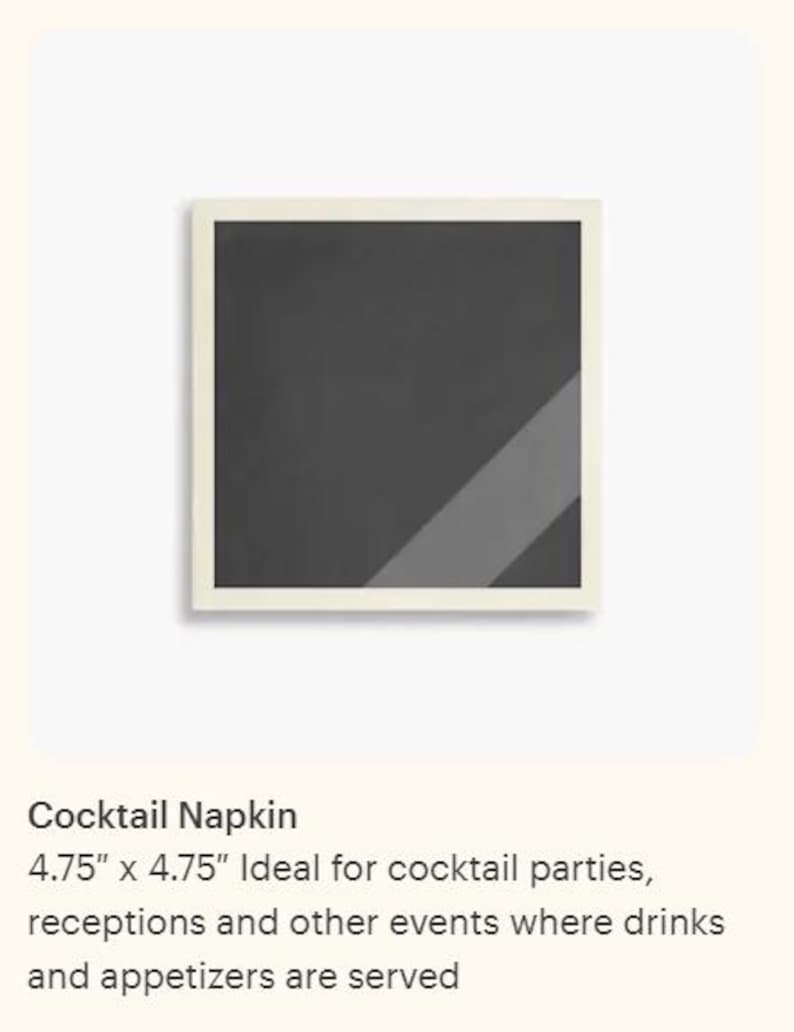 May include: Square cocktail napkin with a dark gray center and a diagonal light gray stripe, framed by a white border. The napkin measures 4.75 x 4.75 inches. Suitable for serving drinks and appetizers.