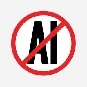 May include: A circular white sticker featuring a red circle with a diagonal red line through the black letters "AI". The design is a symbol of prohibition.