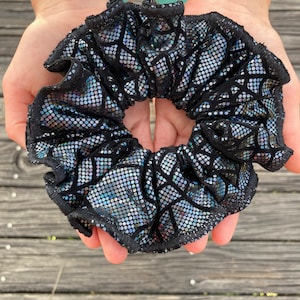 Halloween Scrunchie New Hair Tie Handmade Black metallic holographic shattered glass Glitter spider web Spandex. Size: Large.