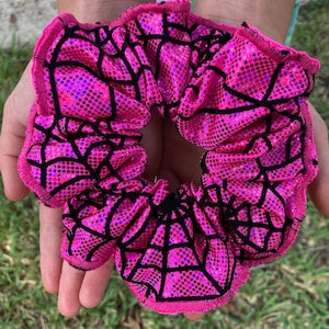Halloween Scrunchie New Hair Tie Handmade Pink metallic holographic shattered glass Glitter spider web Spandex. Size: Large.