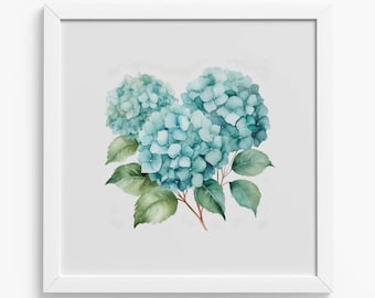 Framed Turquoise Hydrangea Art Print 12x12" White Wooden Frame Watercolor Style NEW