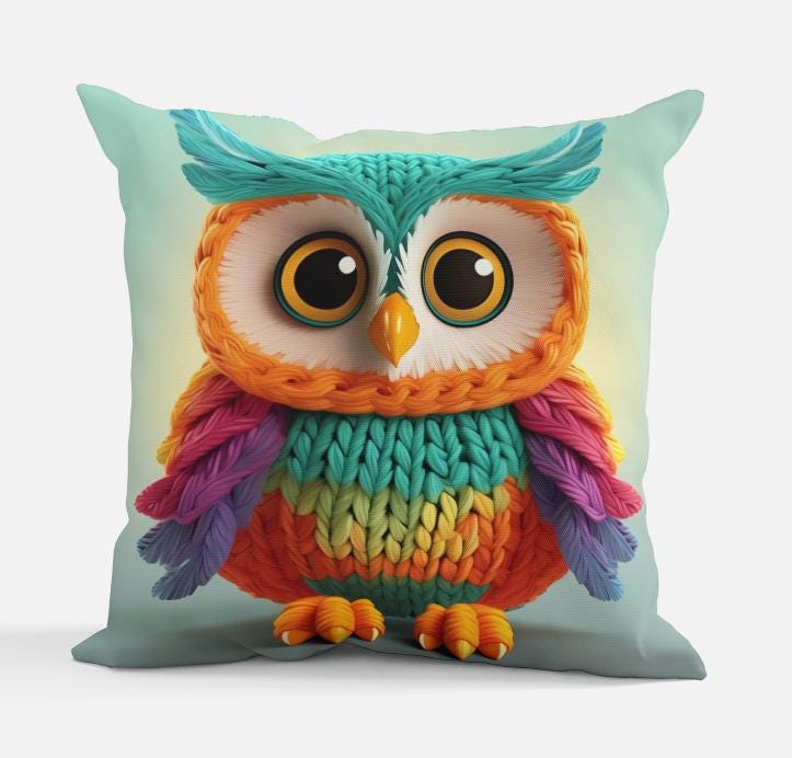 Baby Owl Throw Pillow for Nursery or Kids Room – Soft Yarn Design – 12x12, 16x16, 24x24 