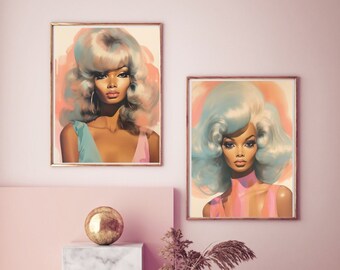 Arte de la cultura pop afroamericana: Arte de pared de 2 piezas / Decoración de pared de muñeca Barbie negra vintage Impresión femenina / Arte femenino [SIN MARCO]