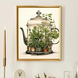 Tea pot wall art | kitchen decoration | kitchen wall art | botanical wall art greenery wall art plant wall art | Green house wall print