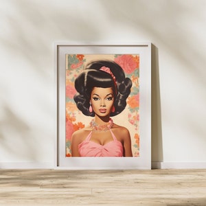 Afroamerykańska sztuka popkultury: Vintage czarna lalka Barbie, dekoracja ścienna, kobiecy nadruk | Sztuka kobieca [BEZ RAMY]
