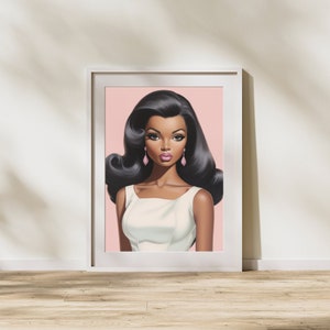 Afroamerykańska sztuka popkultury: Vintage czarna lalka Barbie, dekoracja ścienna, kobiecy nadruk | Sztuka kobieca [BEZ RAMY]