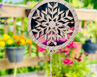 Snowflake sun catcher 3, car charm,  lover of winter, window hanger, snowflake design with colorful backer.