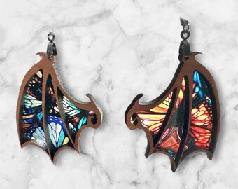 Dangle Wing Earrings With Butterfly design, Layered Wood With Transparent Backer, Handmade Hypoallergenic And Lightweight, Fantasy Cosplay