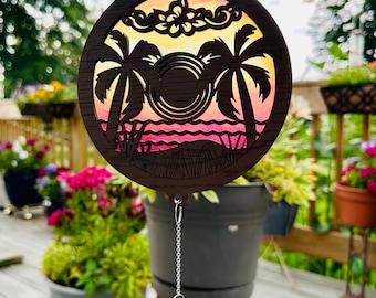 Tropical sun catcher, sunset sun catcher, window hanger, tropical sunset design with colorful backer