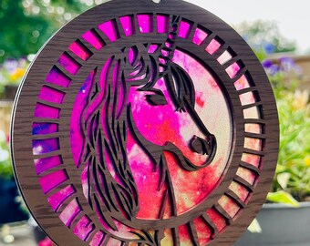 Unicorn sun carcher, unicorn lover, window hanger, unicorn design with colorful backer