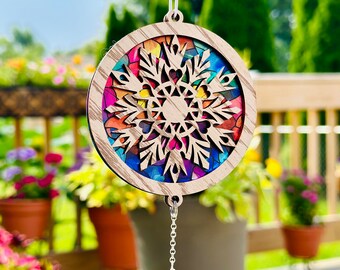 Snowflake sun catcher 2, car charm,  lover of winter, window hanger, snowflake design with colorful backer.