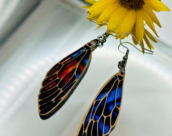 Wing Earrings, Blue and Orange, Layered With Colorful Transparent Backer To Allow Light Through, Handmade And Lightweight, Hypoallergenic