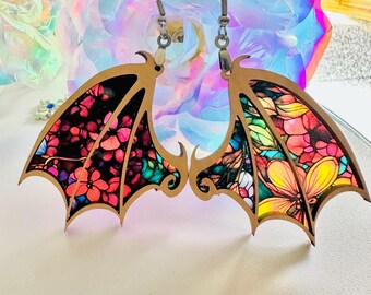 Dangle Wing Earrings With Floral Multicolor Design, Layered Wtih Wood And Transparent Backer, Handmade And Lightweight, Hypoallergenic