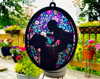 Mother sun catcher,  mama and baby sun catcher, window hanger, mother with baby design with colorful backer.