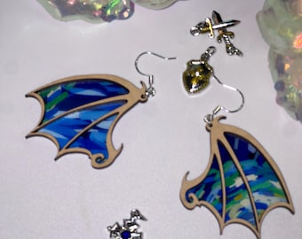 Dangle Wing Earrings With Starry Night Multicolor Design, Layered Wood With Transparent Backer, Handmade Hypoallergenic And Lightweight