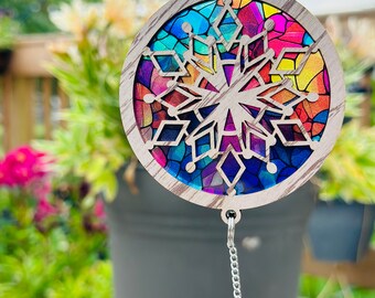 Snowflake sun catcher 4, car charm,  lover of winter, window hanger, snowflake design with colorful backer.