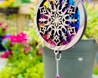 Snowflake Car Charm, Mini Sun Catcher - Vibrant Winter Window Hanger Decoration