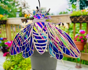 Colorful Cicada wood suncatcher, window hanger, insect Christmas ornament, Cicada hanging gift, window decoration