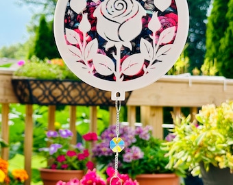 Rose sun catcher, flower lover, window hanger, rose design with colorful backer