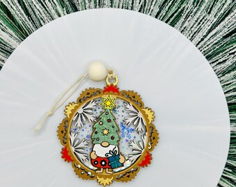 Hand Painted Christmas Gnome Ornament, Layered Christmas Tree Decoration, Wood and Acrylic  Holiday Tree Adornment, cat proof