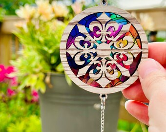 Renaissance themed sun catcher, car charm,  lover of unique designs,  window hanger, unique design with colorful backer.