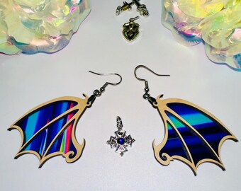 Dangle Wing Earrings, Lightening Blue, Layered Wood With Transparent Backer, Handmade Hypoallergenic And Lightweight, Cosplay Fantasy
