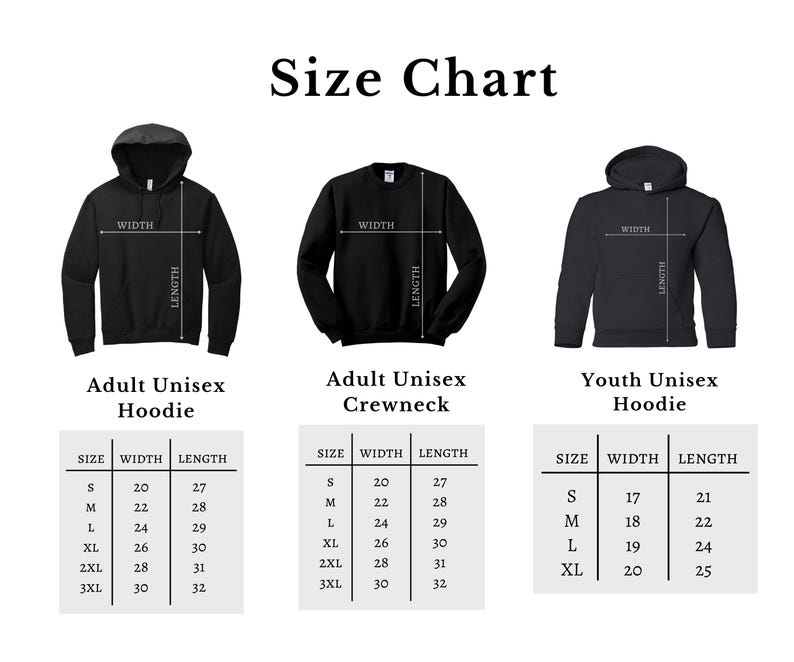 Puede incluir: Una tabla de tallas para sudaderas con capucha y cuello redondo unisex para adultos y j&oacute;venes. La tabla muestra las medidas de ancho y largo para cada talla, de la S a la 3XL. El texto "Size Chart" est&aacute; en la parte superior.