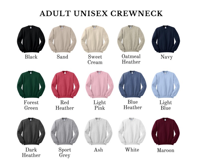 Peut inclure: Pr&eacute;sentation de sweatshirts unisexes pour adultes, disponibles en plusieurs couleurs : noir, sable, cr&egrave;me, avoine chin&eacute; et marine. Autres couleurs : vert for&ecirc;t, rouge heather, rose clair, bleu heather, bleu clair, gris fonc&eacute;, gris sport, cendre, blanc et bordeaux.