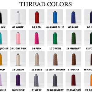 May include: A color chart displaying 24 thread colors, each labeled with a number and a color name. Colors include black, white, red, blue, pink, green, gold, brown, and orange. The text "THREAD COLORS" is at the top.