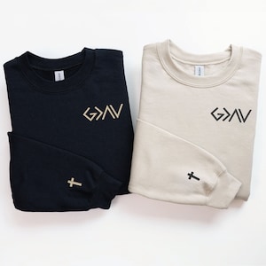 God Is Greater Than The Highs And Lows Sweatshirt • Cross on Sleeve • Embroidered Sweatshirt • Couples Gift • Gift For Him • Gift For Her