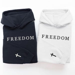 Freedom Hoodie • Christian Sweatshirt • Patriotic Faith Apparel • Cross Sleeve • 4th of July Gift image 1