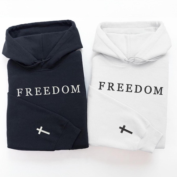 Freedom Hoodie • Christian Sweatshirt • Patriotic Faith Apparel • Cross Sleeve • 4th of July Gift