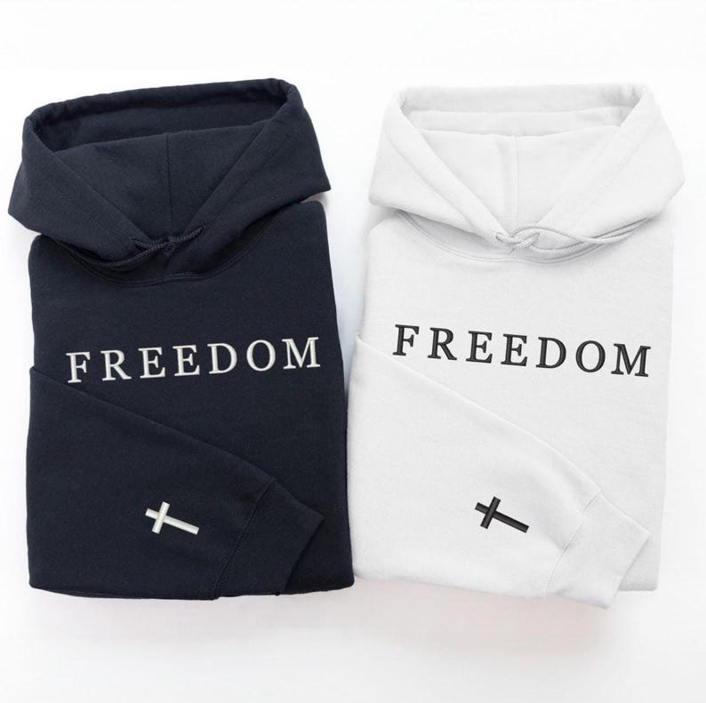 Freedom Hoodie • Christian Sweatshirt • Patriotic Faith Apparel • Cross Sleeve • 4th of July Gift image 1