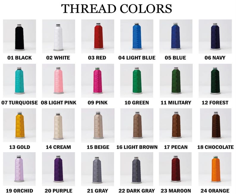 Puede incluir: Una carta de colores que muestra 24 colores de hilo, cada uno etiquetado con un n&uacute;mero y un nombre de color. Los colores van desde el negro, blanco y rojo hasta el turquesa, rosa y dorado. El texto "THREAD COLORS" est&aacute; en la parte superior.