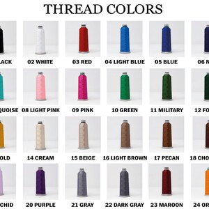 May include: A color chart displaying 24 thread colors, each labeled with a number and color name. Colors range from black, white, and red to turquoise, pink, and gold. The text "THREAD COLORS" is at the top.