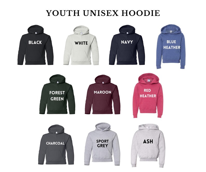 May include: A display of youth unisex hoodies in various colors, including black, white, navy, and blue heather. Other colors are forest green, maroon, red heather, charcoal, sport grey, and ash. Each hoodie has a hood and a front pocket.