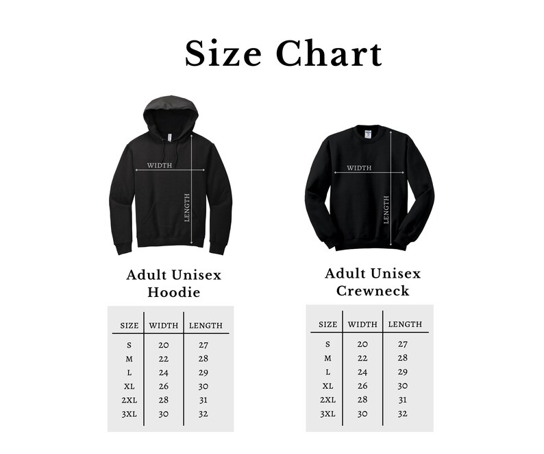Peut inclure: Un tableau des tailles pour les sweats &agrave; capuche et les cols ras du cou unisexes pour adultes. Le tableau indique les mesures des tailles S &agrave; 3XL. Les sweats &agrave; capuche et les cols ras du cou sont noirs. Le texte "Size Chart" est en haut de l'image.