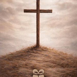 K&ouml;nnte beinhalten: Ein verwittertes braunes Holzkreuz steht auf einem grasbewachsenen H&uuml;gel unter einem bew&ouml;lkten Himmel. Unten befindet sich ein hellbraunes Symbol eines Geschenkkartons mit Schleife &uuml;ber dem Text FAITHFUL LOVE GIFTS in einer serifenlosen Schrift.